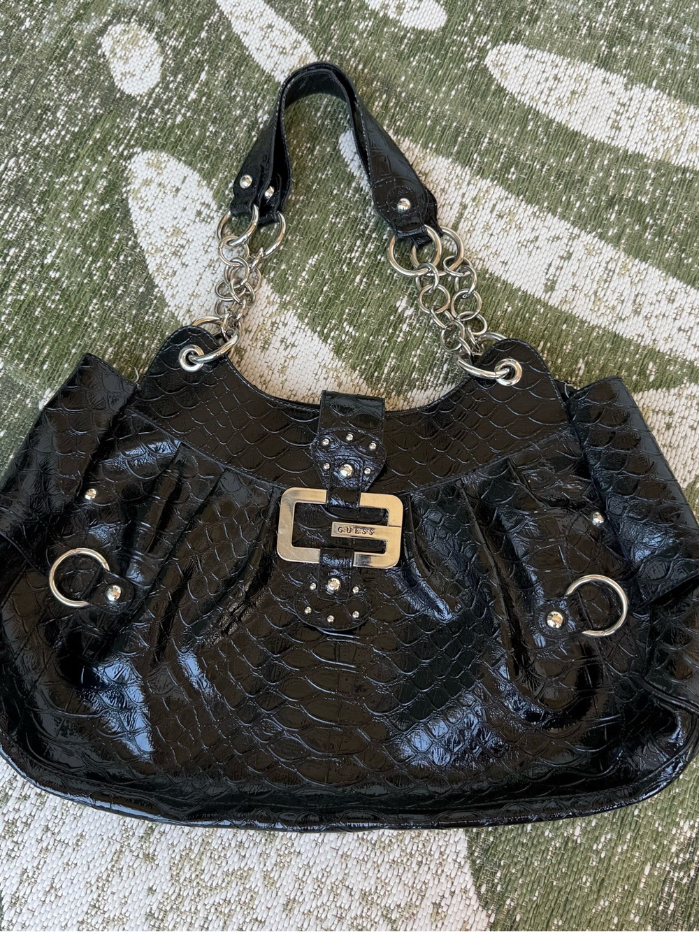GUESS Black Patent Croc-Embossed Satchel